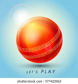 Creative glossy Ball on shiny blue background for Cricket Sports concept.