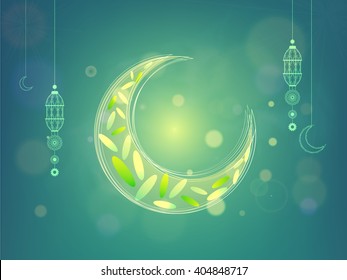 Creative glossy Crescent Moon with hanging Lamps on shiny background for Holy Month of Muslim Community, Ramadan Kareem celebration.