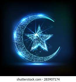 Creative glossy crescent moon with star in blue color for Muslim community festival, Eid celebration.