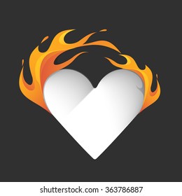 Creative glossy heart in fire on grey background for Happy Valentine's Day celebration.