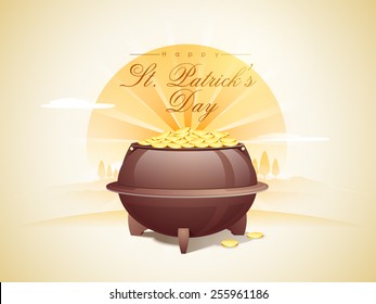 Creative glossy pot full of gold coins on nature background for Happy St. Patrick's Day celebration.