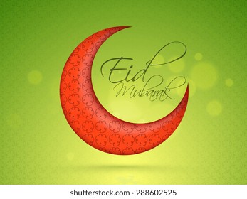 Creative glossy red crescent moon on shiny green background for muslim community festival, Eid Mubarak celebration.