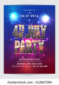 Creative glossy text 4th of July Party on waving flag, Elegant shiny Pamphlet, Banner, Flyer or Invitation for American Independence Day Party celebration.