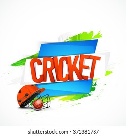 Creative glossy text Cricket with Batsman Helmet and Ball for Sports concept.