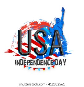 Creative glossy text U.S.A on Statue of Liberty and Flag colors background for American Independence Day celebration.