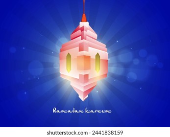 Linterna tradicional brillante creativa que cuelga en el fondo azul de los rayos brillantes para el mes sagrado islámico de las oraciones, celebración de Ramadán Kareem.