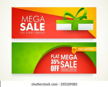 Creative glossy website header or banner set of Mega Sale with flat 35% discount offer for Christmas and Happy New Year celebration.