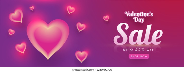 Creative glowing heart shapes decorated sale banner design with 55% discount offer for Valentine's Day.