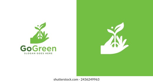 Creative Go Green Logo. Hand and Tree Seedlings with Modern Minimalist Style. Ecology Logo Icon Symbol Vector Design Template.