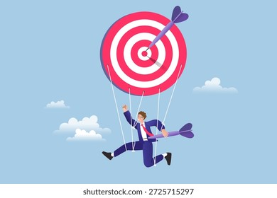 Ilustración vectorial creativa del logro de la meta. Hombre de negocios feliz volando y aterrizando usando un paracaídas objetivo. Concepto de estrategia de marketing precisa, aterrizaje suave y llegar al destino con un dardo en la mano.
