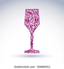 Creative goblet with floral ethnic pattern, relaxation and alcohol theme object. Sophisticated wineglass, romantic vector design element, can be used in graphic design.