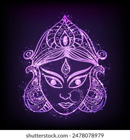 Creative Goddess Durga Face with Lights Effect on Dark Background.