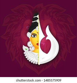 Creative Goddess Durga Maa face with Trishul illustration on lion purple background for Durga Puja celebration poster design.
