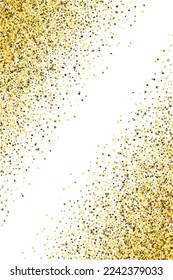 Creative gold confetti dust scatter pattern. Triangle square circle star elements background. Banner template. Glittering grit granules grain confetti. Birthday decoration gleaming splatter