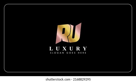 Diseño del logotipo de RU con letras de cobre y oro.Alfabeto de color dorado y cobre con letras iniciales r y u diseño de icono de monograma.Símbolo de signo inicial multicolor.Aislado sobre fondo negro.