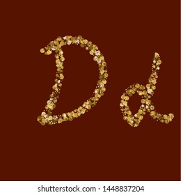 Creative gold idea. Dd golden glitter letter. Clean latin alphabet. Handwritten, modern. Vector ABC. Latin calligraphy.