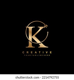 Creative gold letter K design with line ornaments and luxurious style flowers. premium logo initial letter K is beautiful. suitable for business logo, company, beauty, fashion, boutique, hotel, etc