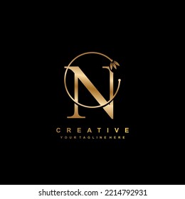 Creative gold letter N design with line ornaments and luxurious style flowers. premium logo initial letter N is beautiful. suitable for business logo, company, beauty, fashion, boutique, hotel, etc