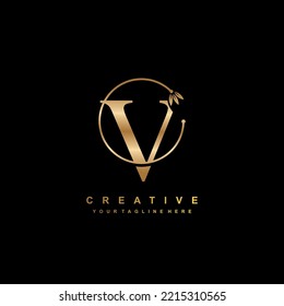 Creative gold letter V design with line ornaments and luxurious style flowers. premium logo initial letter V is beautiful. suitable for business logo, company, beauty, fashion, boutique, hotel, etc