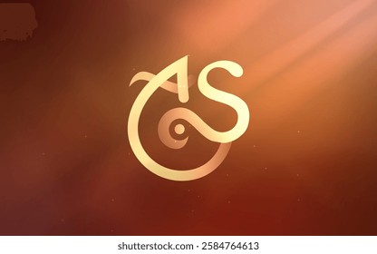 Creative Gold  letters AS for your logo logo with  rays of light. Transparent shadow effect. Shadows from leaves.