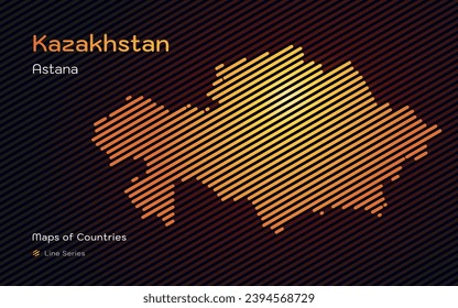 Creative Gold Map of Kazakhstan, Qazaqstan, in gold sloping lines Pattern with Capital of Astana