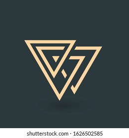 Creative gold trinity futuristic Triple triangle symbol design for company logo. Corporate tech geometric identity concept. Stock Vector illustration isolated on green background.