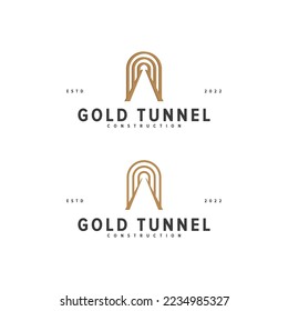 creative gold tunnel, hallway logo design vector illustration construction with geometric, modern and luxury styles isolated on white background. 