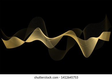 Creative Gold Wave Lines Design elements. Wave of many glittering lines isolated on black background. Suitable for website.