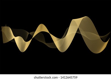 Creative Gold Wave Lines Design elements. Wave of many glittering lines isolated on black background. Suitable for website.