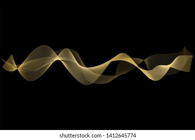 Creative Gold Wave Lines Design elements. Wave of many glittering lines isolated on black background. Suitable for website.