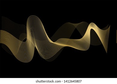 Creative Gold Wave Lines Design elements. Wave of many glittering lines isolated on black background. Suitable for website.
