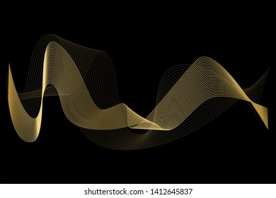 Creative Gold Wave Lines Design elements. Wave of many glittering lines isolated on black background. Suitable for website.