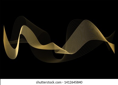 Creative Gold Wave Lines Design elements. Wave of many glittering lines isolated on black background. Suitable for website.