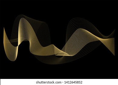 Creative Gold Wave Lines Design elements. Wave of many glittering lines isolated on black background. Suitable for website.