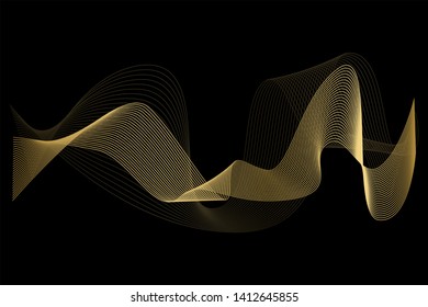 Creative Gold Wave Lines Design elements. Wave of many glittering lines isolated on black background. Suitable for website.