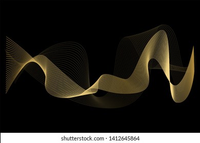 Creative Gold Wave Lines Design elements. Wave of many glittering lines isolated on black background. Suitable for website.