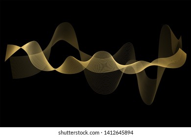 Creative Gold Wave Lines Design elements. Wave of many glittering lines isolated on black background. Suitable for website.