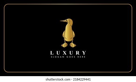 Creative golden blue footed booby exotic bird vector logo, Isolated gold color blue bird monogram icon illustration.