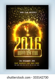 Creative golden clock showing time for Happy New Year 2016 celebration, can be used as flyer, banner or pamphlet design.