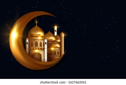 Creative Golden Crescent Moon and Mosque. Eid mubarak celebration. Vector Illustration