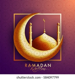 Creative Golden Crescent Moon and Mosque with traditional floral design decoration for Islamic Holy Month of Prayers, Ramadan Kareem celebration.