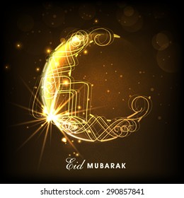 Creativa luna creciente dorada en brillante fondo marrón para el famoso festival islámico, celebración de Eid Mubarak.