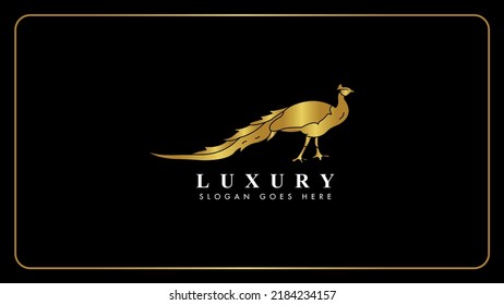 Creative golden elegant peacock bird vector logo design, Isolated on a solid black background.