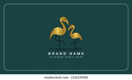 Creativo logotipo de diseño de portador de aves Golden Flamingo, ilustración de símbolo de pájaro Flamingo decorativo, aislado en fondo oscuro.