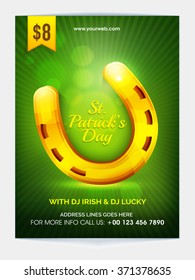 Creative golden Horseshoe decorated Pamphlet, Banner or Flyer design for St. Patrick's Day Party celebration.