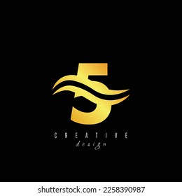 Creative golden letter 5 five logo with leading lines and road concept design. Letters with geometric design. Vector Illustration with letter and creative