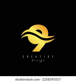 Creative golden letter 9 nine logo with leading lines and road concept design. Letters with geometric design. Vector Illustration with letter and creative