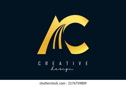 Letra creativa dorada AC a c logo con líneas líderes y diseño de concepto de carreteras. Cartas con diseño geométrico. Ilustración vectorial con letra y cortes creativos.