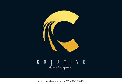 Creative golden letter C logo with leading lines and road concept design. Letter C with geometric design. Vector Illustration with letter and creative cuts and lines.