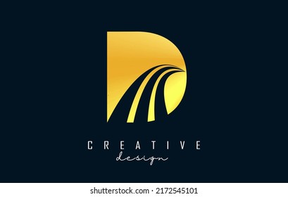Creative golden letter D logo with leading lines and road concept design. Letter D with geometric design. Vector Illustration with letter and creative cuts and lines.